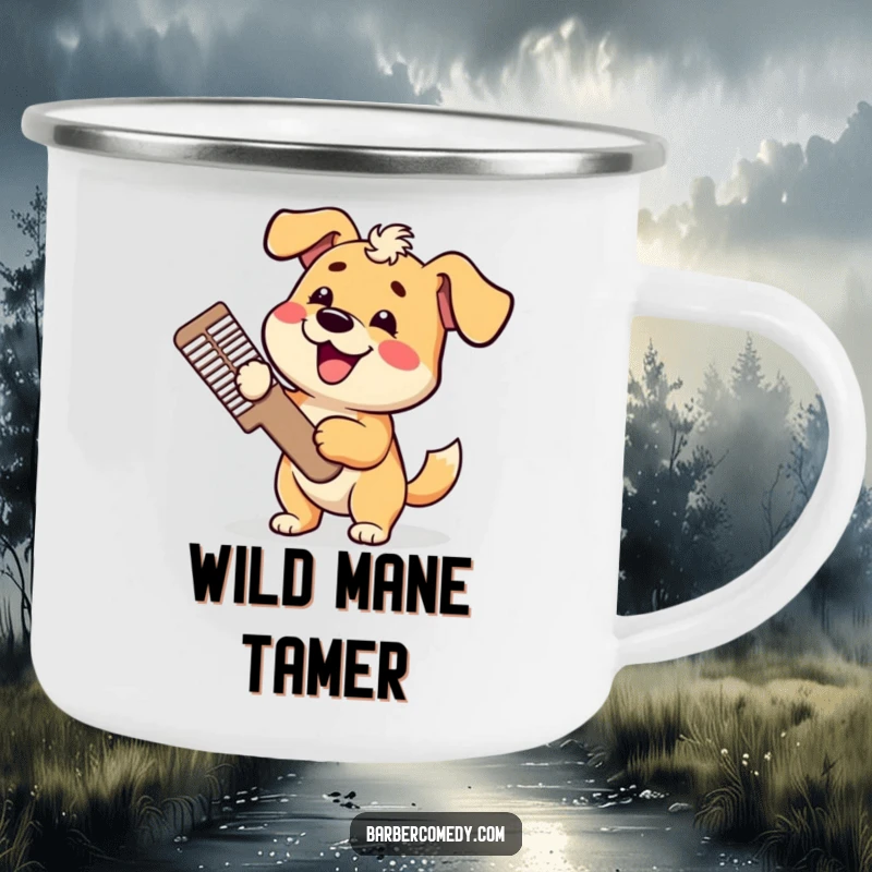Funny dog camping mug, holding a giant comb, tail wagging, bringing rugged humor and canine cheer on adventures, great funny gift.