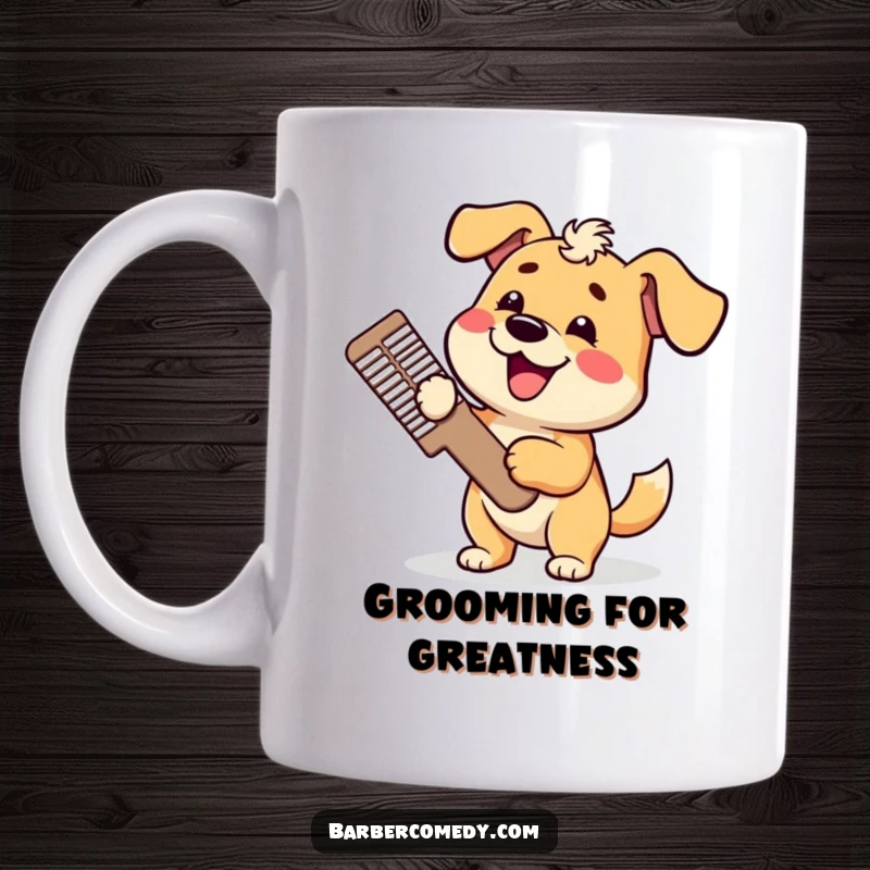 Funny dog mug, happy with a giant comb, tail wagging, conveying grooming joy and canine delight, perfect funny gift.