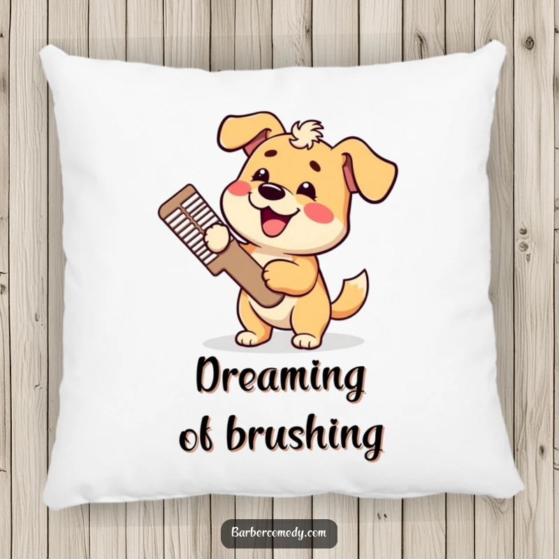 Funny dog grooming pillow, holding a giant comb, tail wagging, offering comfort and humorous canine delight, perfect funny gift.