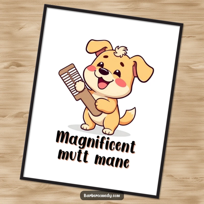 Funny dog digital art print, holding a giant comb, tail wagging, offering canine humor and instant decor, lovely funny gift.