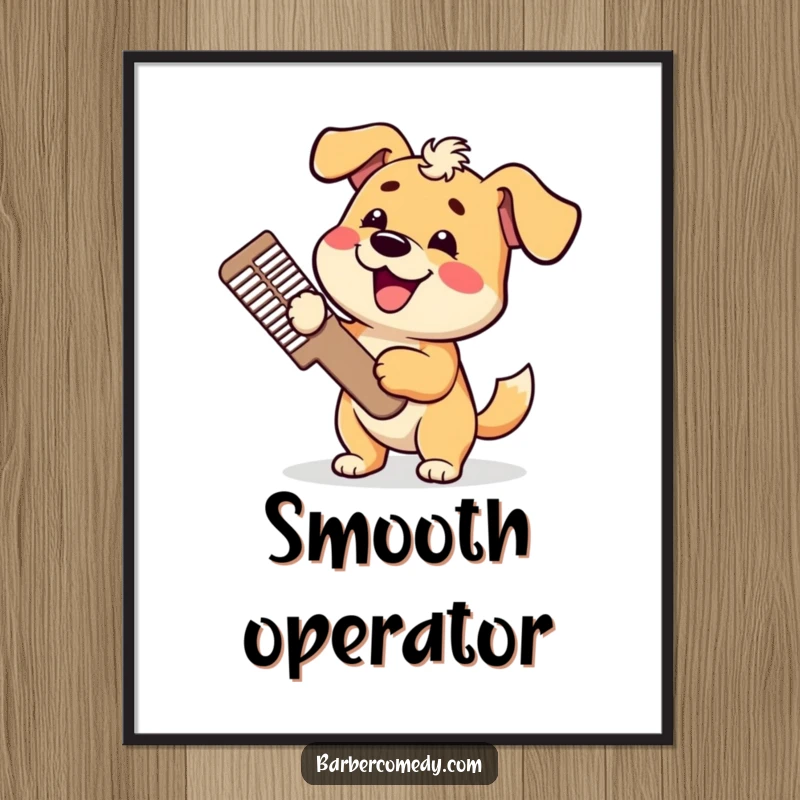 Funny dog poster, holding a giant comb with a wagging tail, exuding grooming joy and canine charm, excellent funny gift.
