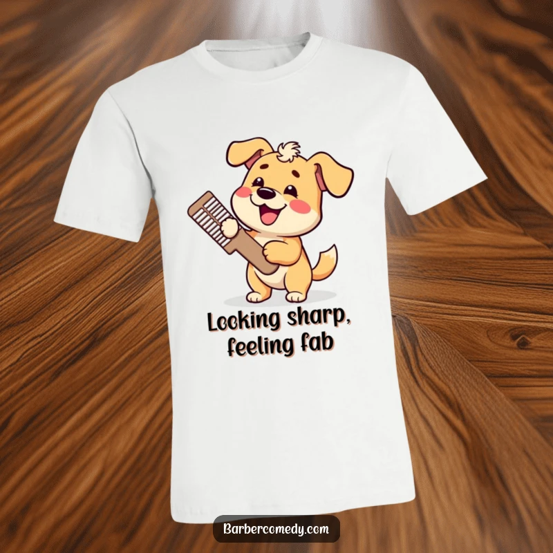 Funny dog t-shirt, holding a giant comb with a wagging tail, radiating grooming enthusiasm and canine happiness, excellent funny gift.